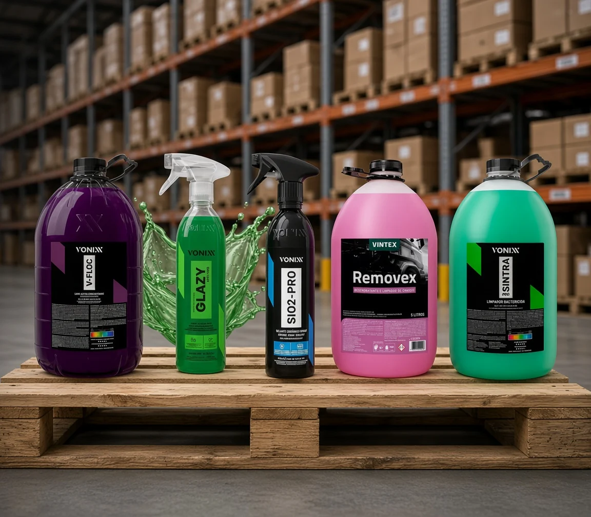 Prateleiras de um depósito de distribuidora com caixas e os produtos Vonixx e Vintex em destaque