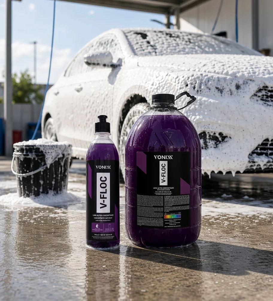 V-Floc 500ml e 5L ao lado de um carro coberto de espuma no lava-rápido