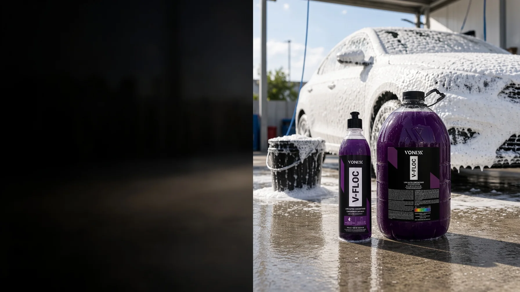 V-Floc 500ml e 5L ao lado de um carro coberto de espuma no lava-rápido
